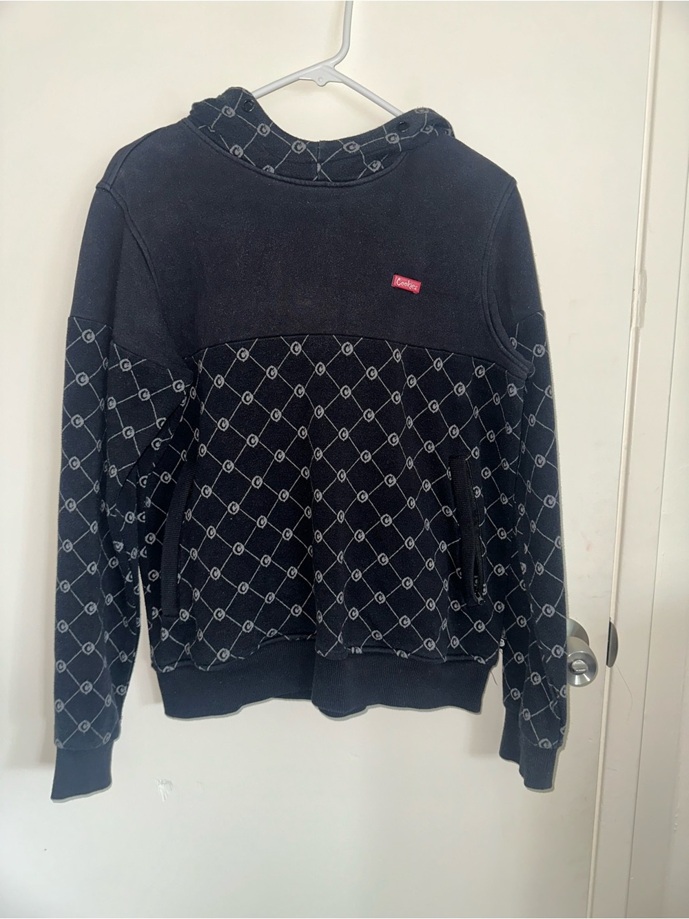 Black Patterned Crewneck Sweatshirt with Red Box Accent